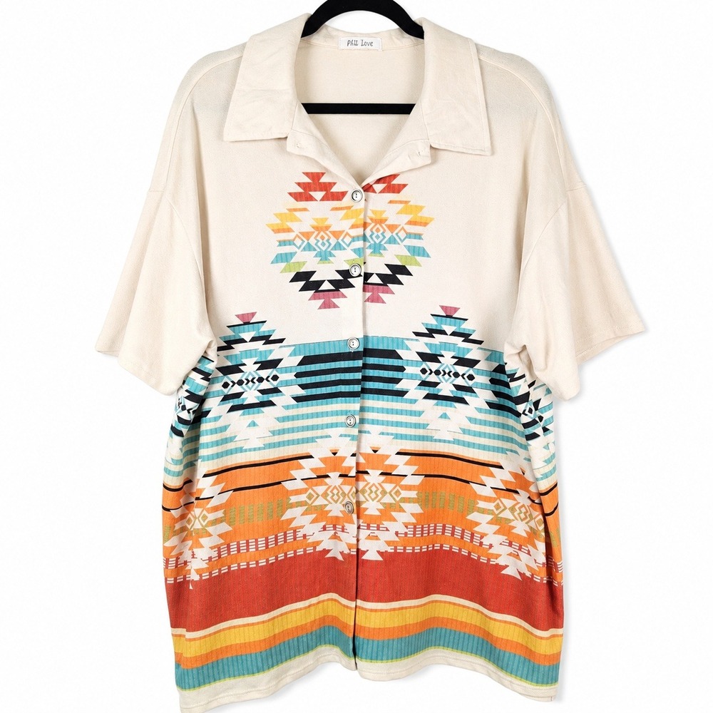 Phil Love Top Womens M Cream Southwestern Aztec Geometric Boho Button Up Stretch